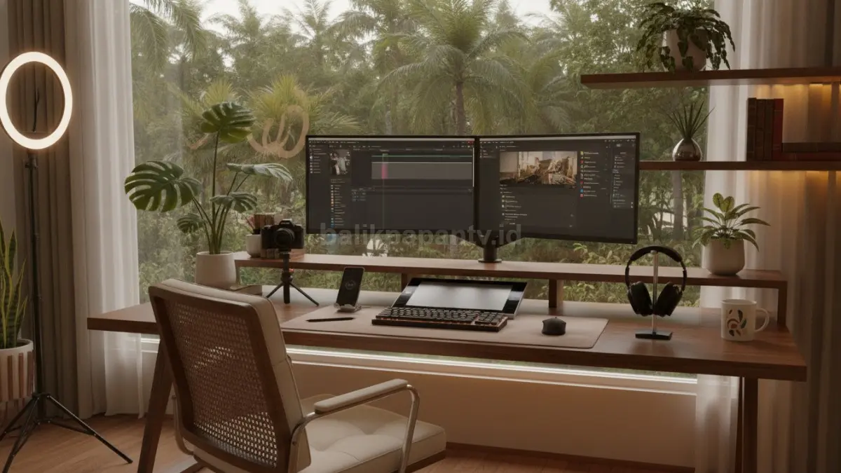 Setup kreator konten modern mendukung produksi video, foto, siaran langsung, dan produktivitas digital.  (BTV/AI)