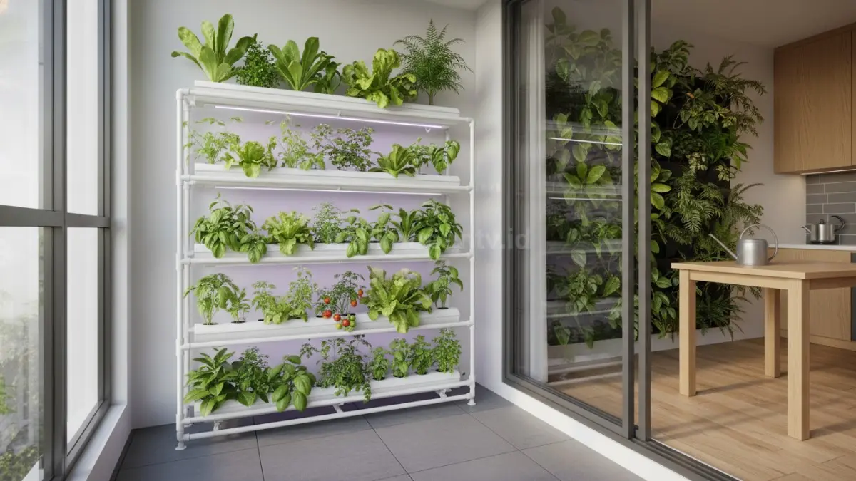 Sistem hidroponik rak mini bertingkat menumbuhkan tanaman cepat dengan air bernutrisi di balkon kecil (BTV/Ai)

