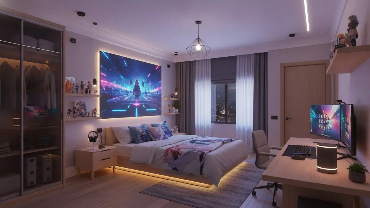 Smart Anime Room Integrated Setup menghadirkan pencahayaan pintar kontrol suara otomatisasi aplikasi untuk kenyamanan modern maksimal. (BTV/AI)
