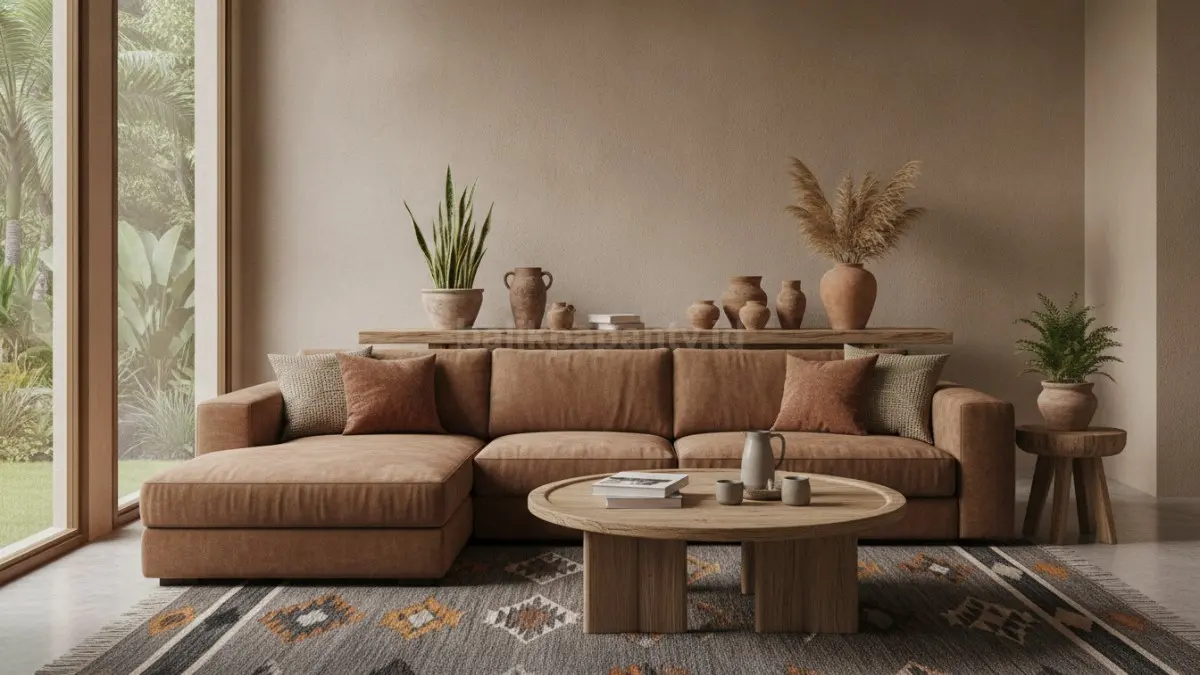 Sofa cokelat hangat menghadirkan kenyamanan visual, mudah dipadukan, dan relevan dengan tren interior 2026.  (BTV/AI)