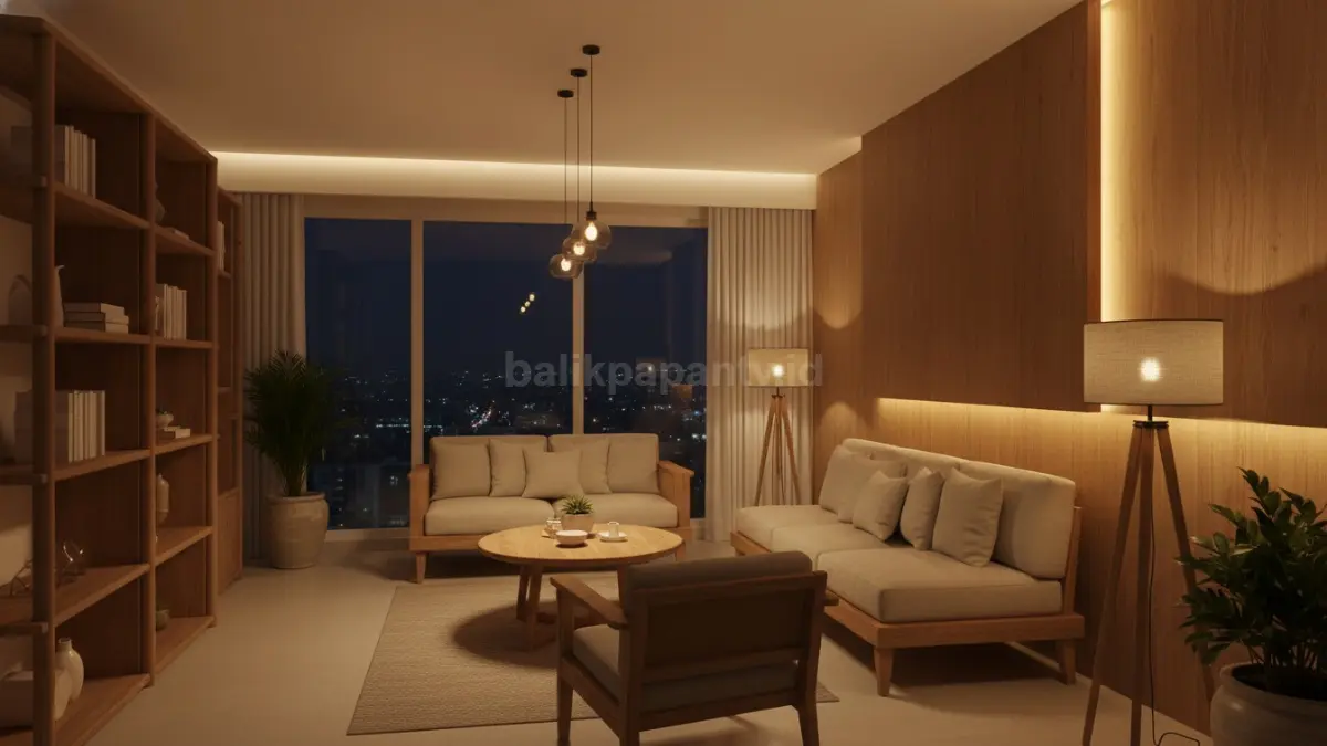 Soft lighting bertingkat menghadirkan suasana hangat pada ruang modern rumah perkotaan yang nyaman elegan natural (BTV/Ai)
