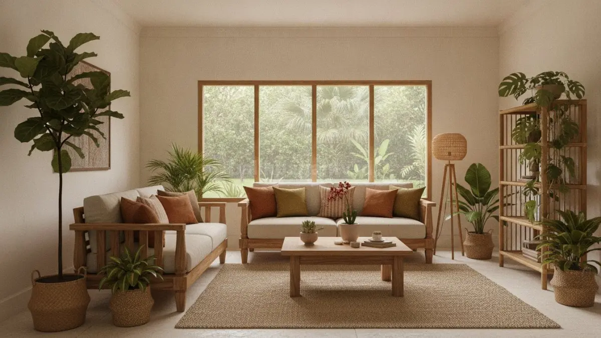 Tanaman indoor menghadirkan kesegaran alami, menyeimbangkan warna earth tone, serta mudah dirawat sehari-hari.  (BTV/AI)