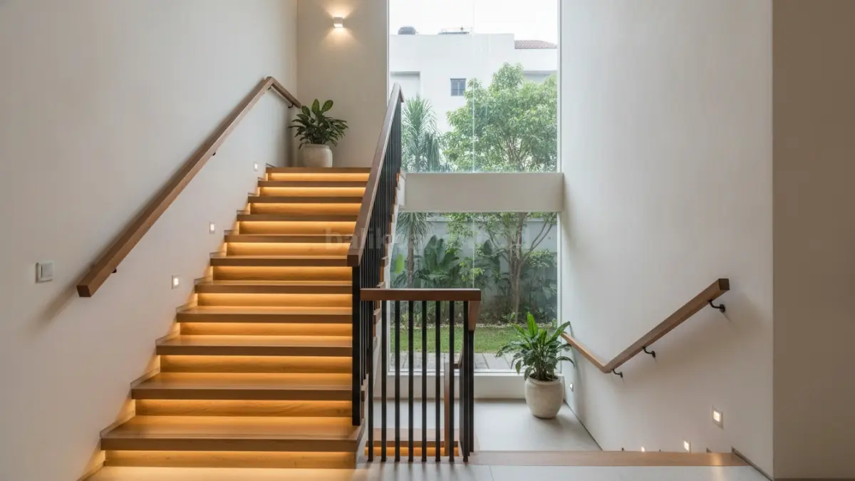 Tangga rumah modern dengan pegangan tangan kokoh dan pencahayaan aman untuk keluarga.
