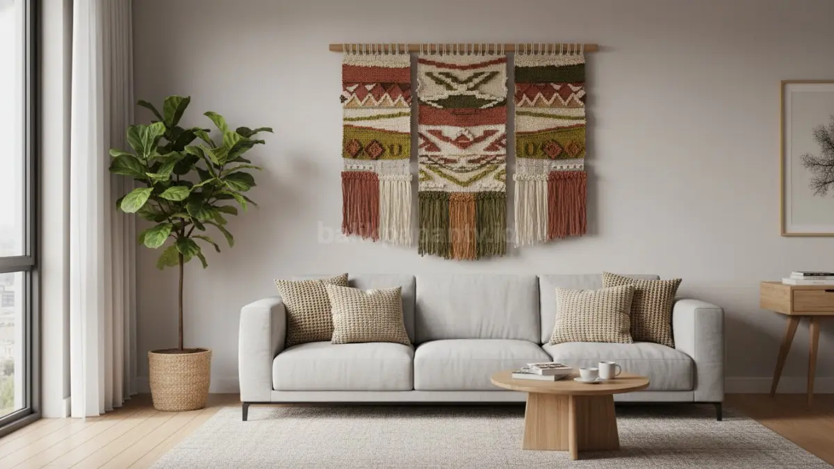 Tekstil dinding artistik menghadirkan tekstur hangat, estetis, fleksibel, dan mempercantik ruangan apartemen.  (BTV/AI)