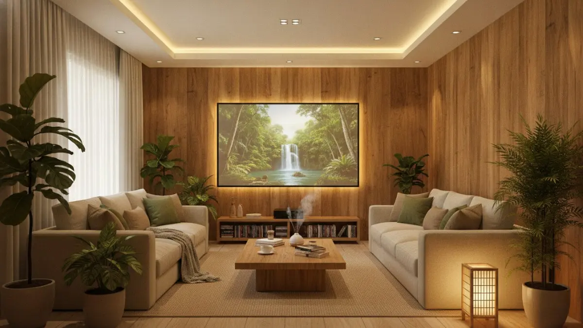 Tema Alam dan Relaksasi memadukan kayu alami tanaman indoor pencahayaan hangat menciptakan home theater nyaman menenangkan. (BTV/AI)
