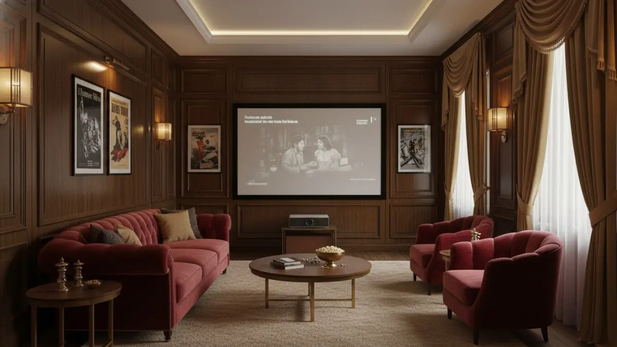 Tema Bioskop Klasik Elegan menghadirkan kursi empuk panel kayu pencahayaan redup bernuansa vintage mewah dan hangat. (BTV/AI)
