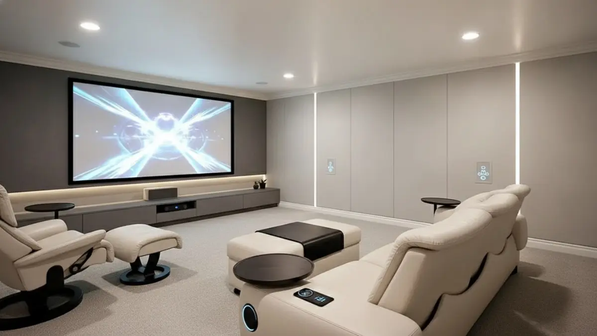 Tema Futuristik Minimalis menghadirkan garis tegas teknologi pintar tersembunyi audio visual imersif dan pencahayaan cerdas modern. (BTV/AI)
