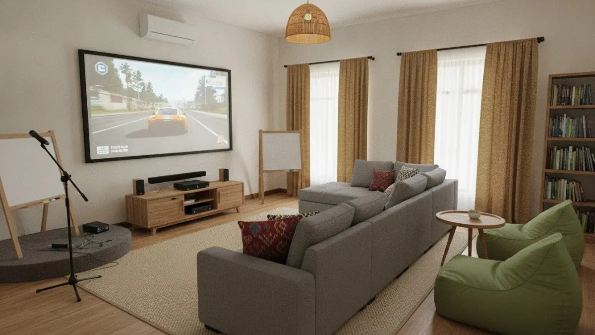 Tema Multifungsi Keluarga menghadirkan home theater fleksibel untuk bermain gim karaoke belajar bersama dan berkumpul nyaman. (BTV/AI)
