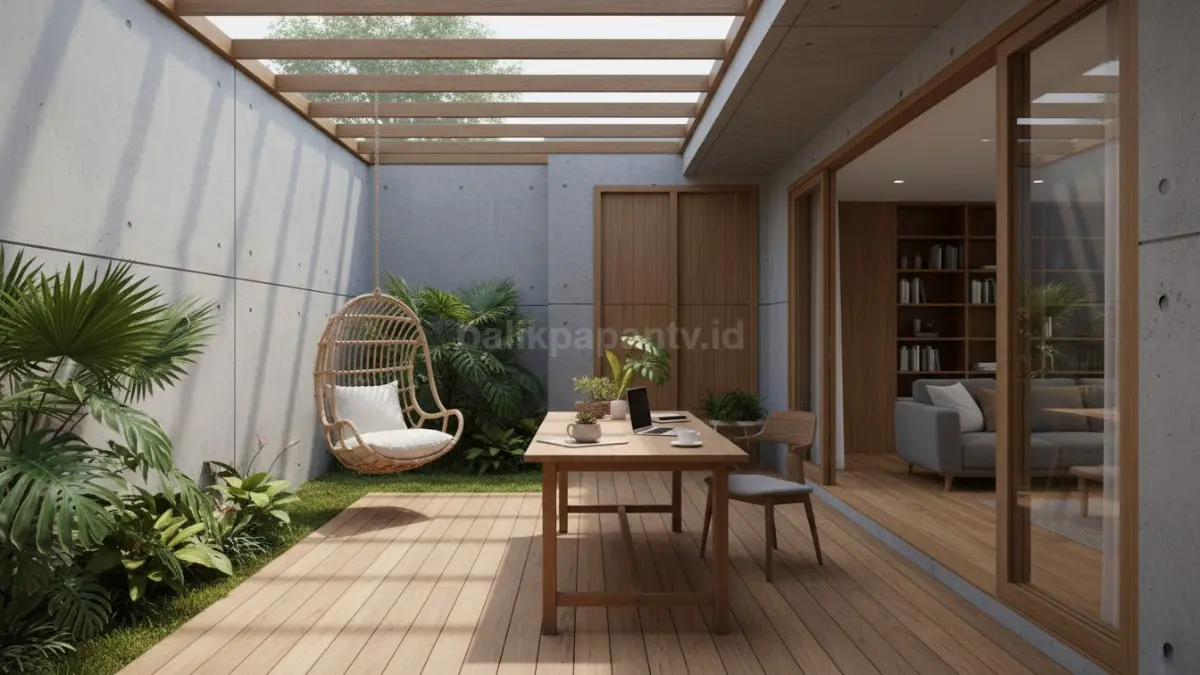 Teras dengan area kerja santai menghadirkan ruang produktif yang nyaman dan menyegarkan. (BTV/AI)