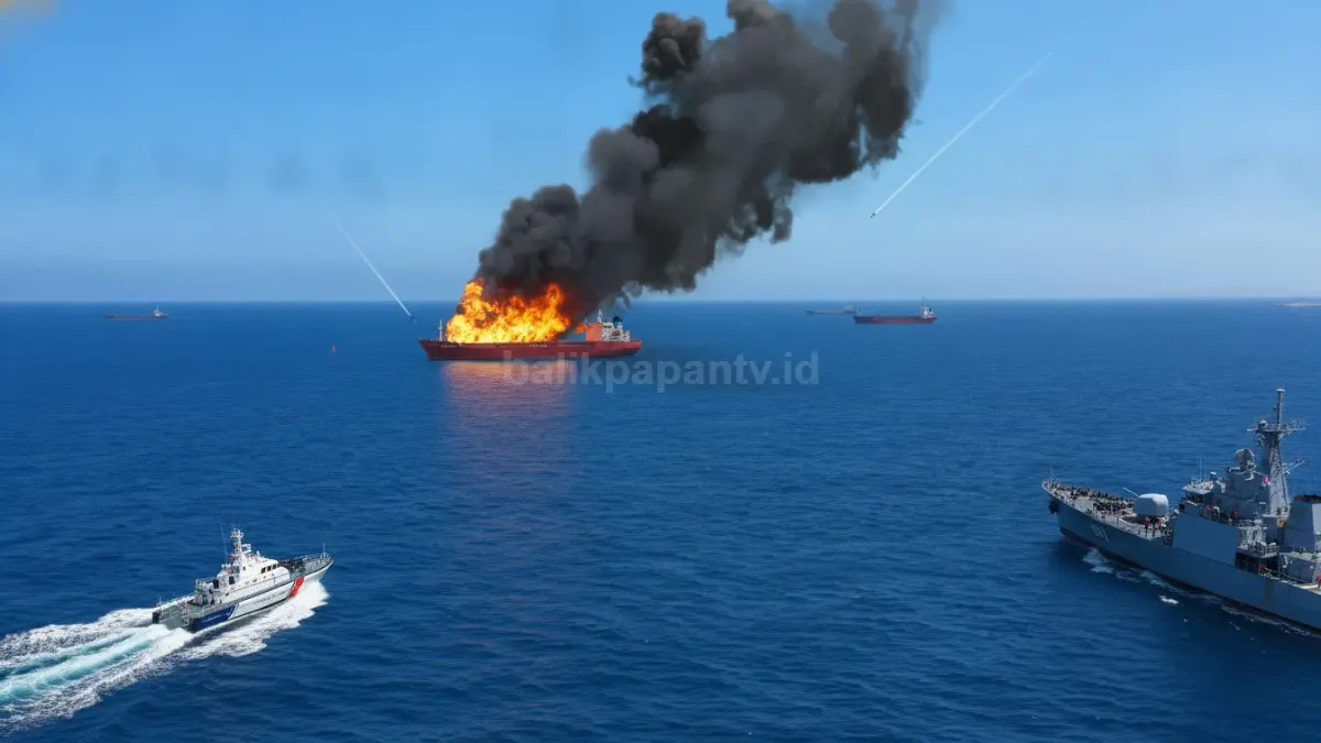 Tongkang kargo Iran di perairan Teluk Oman setelah insiden yang memicu perhatian internasional.