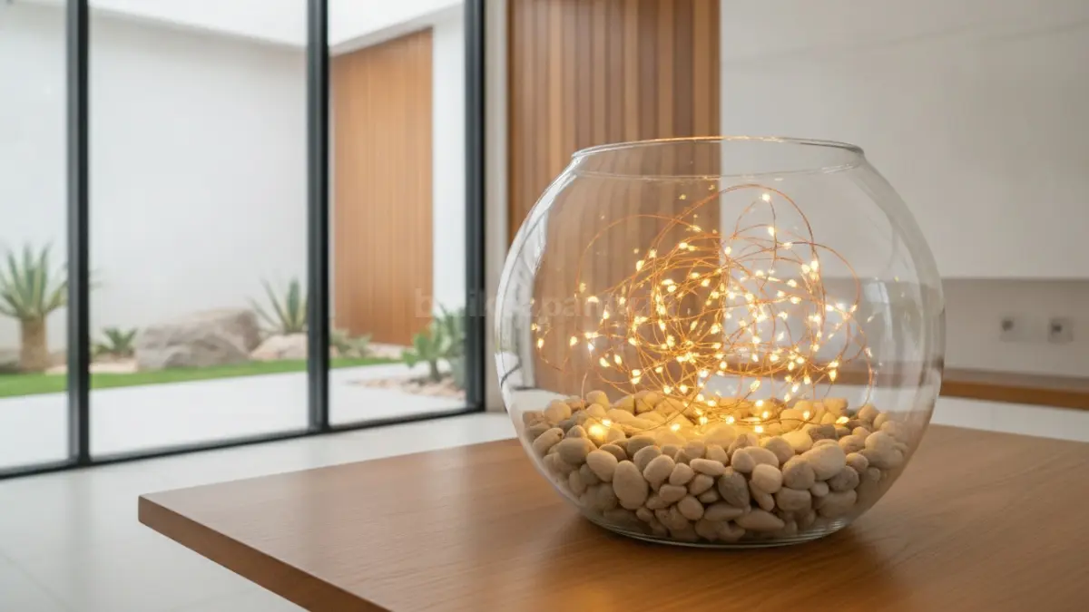 Toples kaca bening berisi lampu LED warm white dengan dekorasi batu kerikil sederhana.
