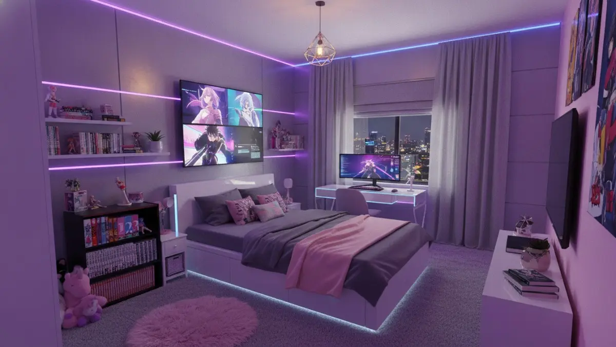 Transformasi kamar anime modern 2026 dengan pendekatan desain interior premium fungsional estetika karakter visual Jepang. (BTV/AI)
