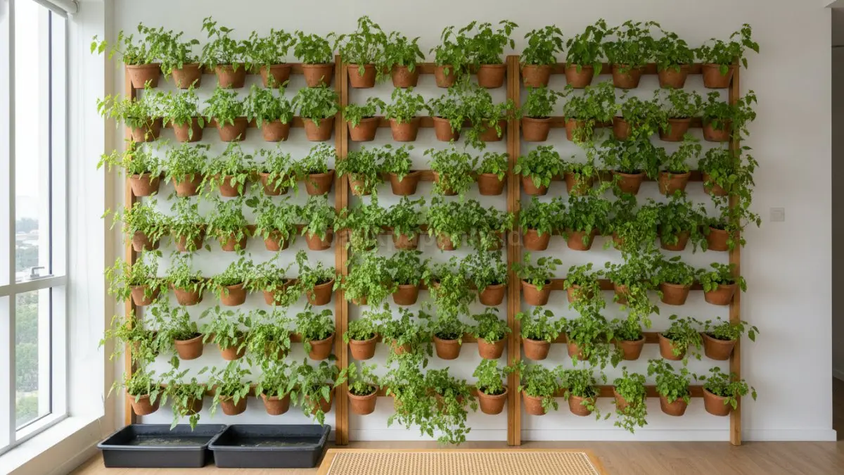 Vertical wall garden system memaksimalkan ruang dinding apartemen dengan tanaman hijau bertingkat subur (BTV/Ai)
