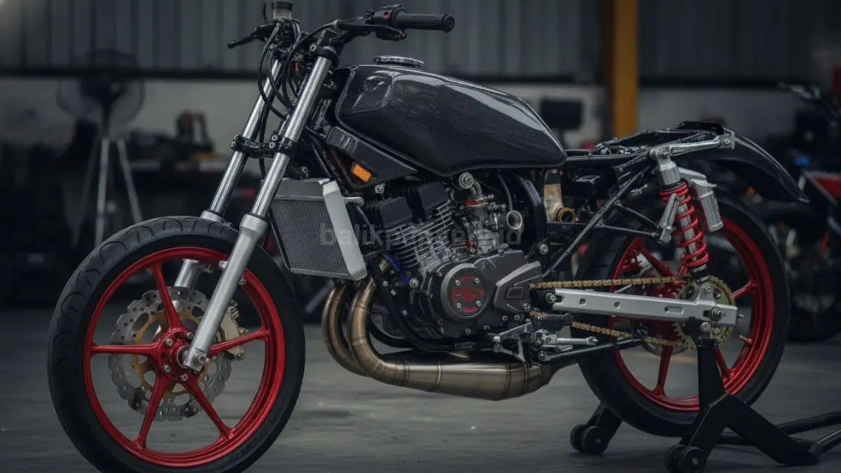 Detail mesin Ninja yang dimodifikasi total pada proyek restomod Yamaha RX King. (BTV/Ai)