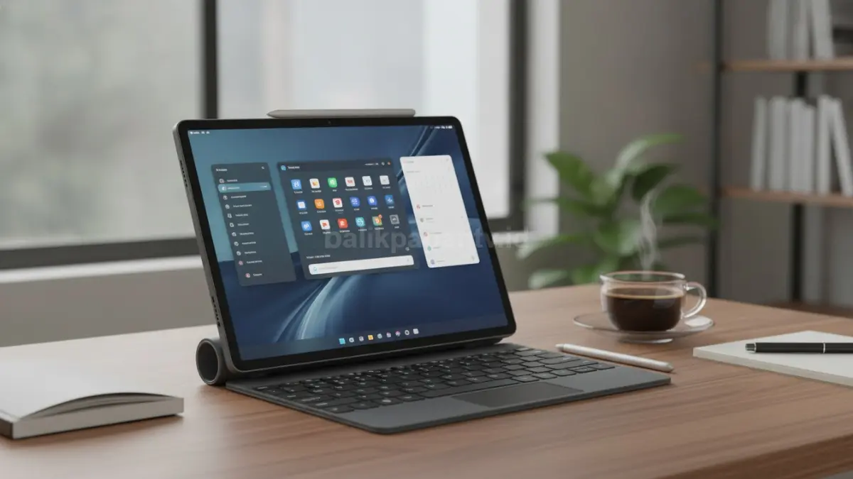 Lenovo Yoga Tab 2026 dengan keyboard cover dan Stylus Pro untuk produktivitas harian yang lebih praktis. (BTV/Ai)