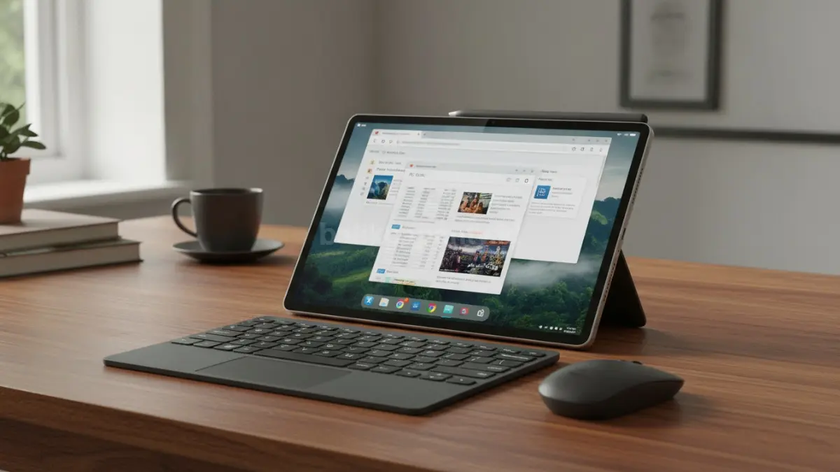 Tampilan PC Mode Lenovo Yoga Tab yang menghadirkan pengalaman multitasking mirip laptop. (BTV/Ai)