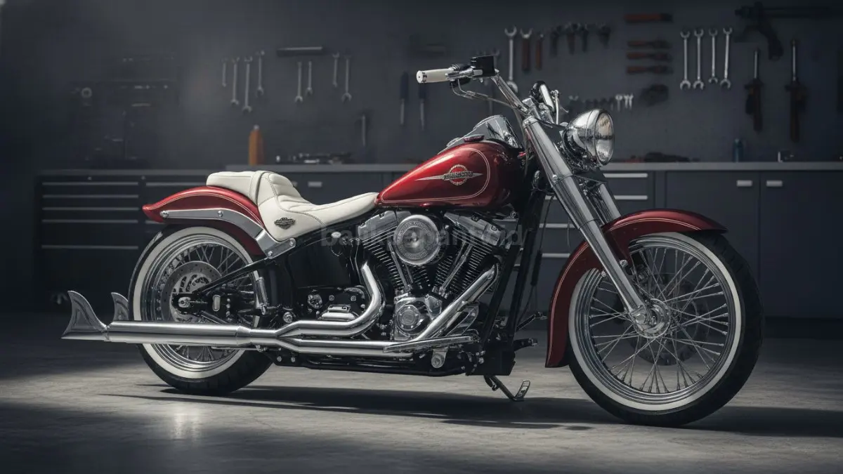 Tampilan samping Harley-Davidson Hydra-Glide Revival dengan knalpot Bassani Fishtail bergaya Chicano. (BTV/Ai)