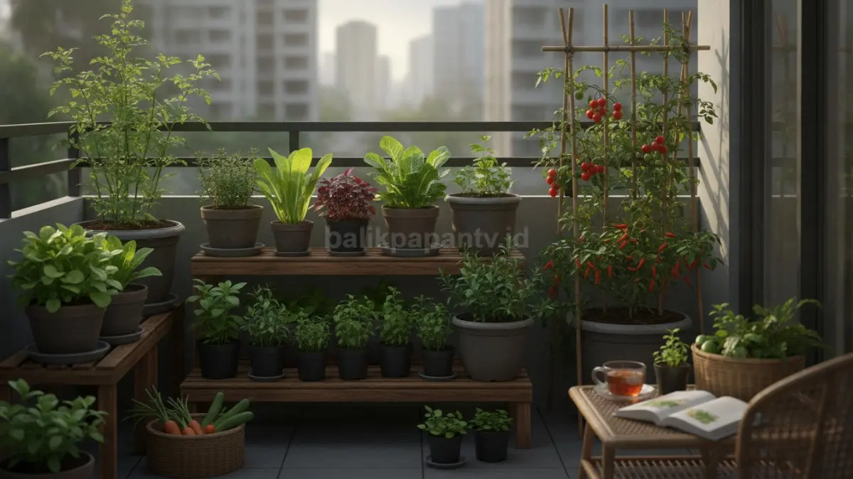 Balkon apartemen disulap menjadi kebun produktif dengan sayuran segar untuk kebutuhan dapur harian (BTV/Ai)
