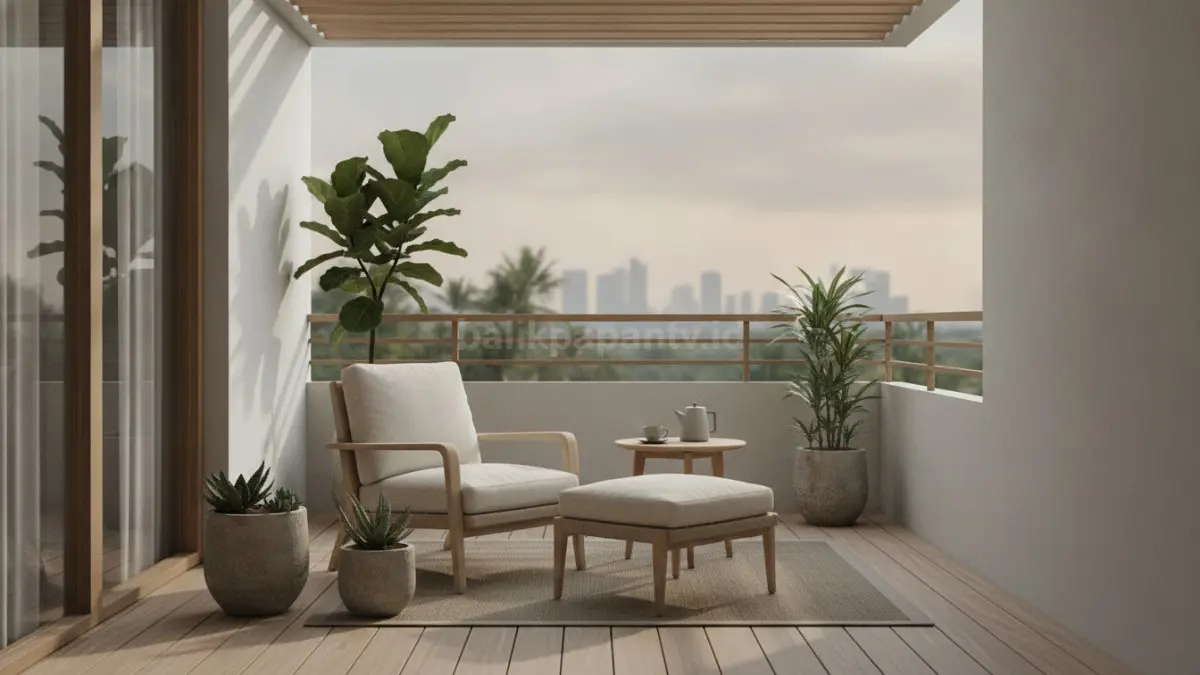 Balkon bergaya Japandi dengan warna netral, furnitur rendah, dan tanaman hijau menghadirkan kenyamanan maksimal (BTV/Ai)
