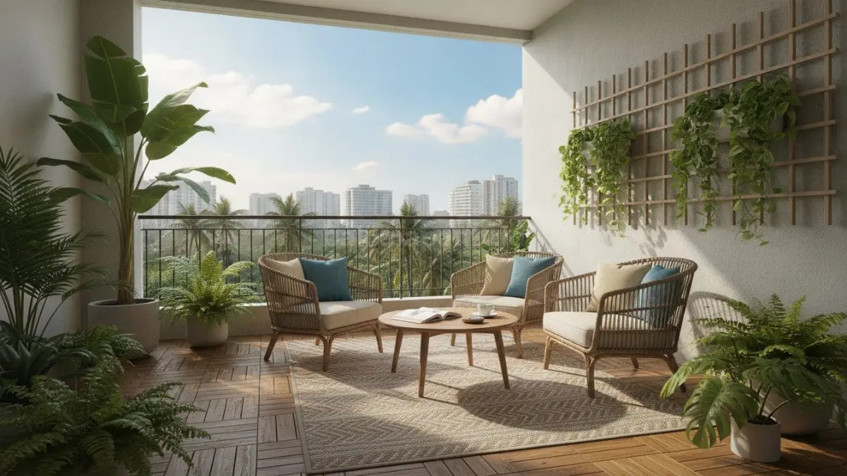 Balkon estetis dengan tanaman hijau dan kursi santai menciptakan ruang nyaman di rumah. (BTV/Ai)