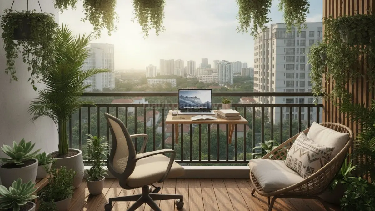 Balkon mini dengan meja lipat dan kursi ergonomis mendukung produktivitas kerja dari rumah. (BTV/Ai)
