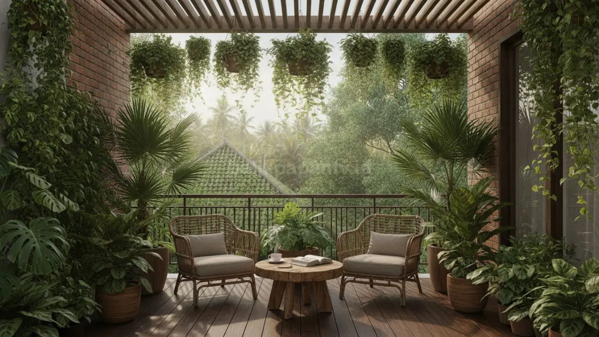 Balkon natural dengan tanaman hijau dan furnitur kayu menciptakan suasana santai setiap pagi. (BTV/Ai)
