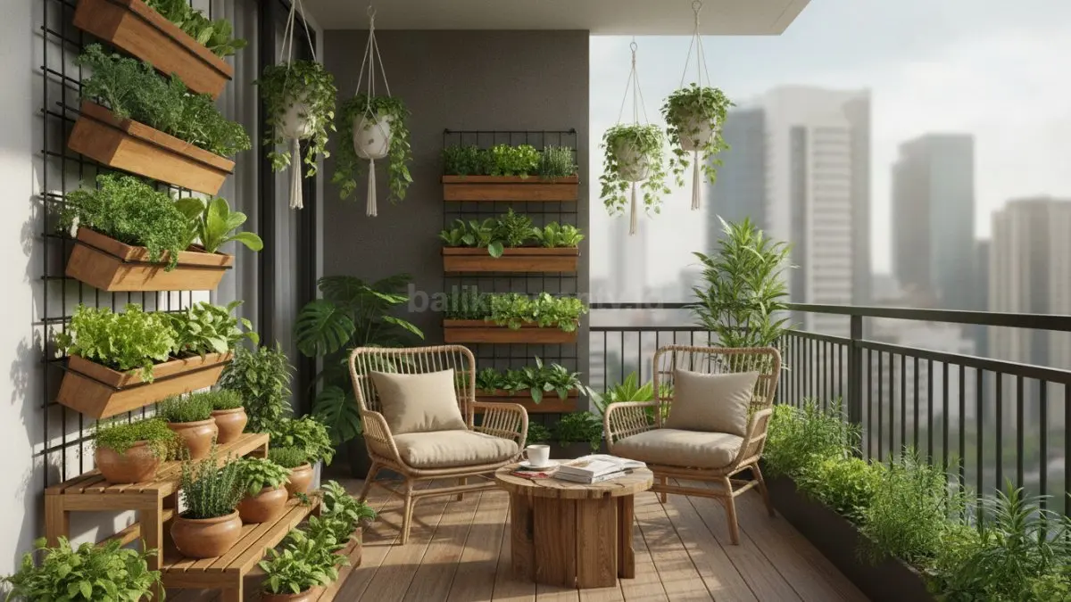 Balkon urban garden dengan tanaman herbal dan sayuran vertikal memaksimalkan ruang sempit secara produktif (BTV/Ai)
