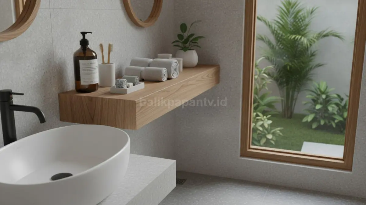 Bathroom floating shelf kayu modern menata perlengkapan mandi lebih rapi dan efisien.  (BTV/AI)