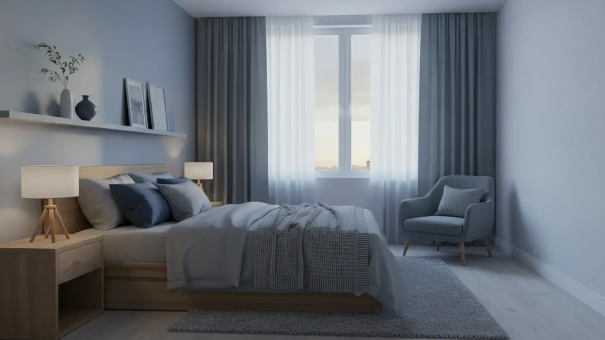 Biru abu-abu lembut menciptakan suasana tenang, nyaman, sejuk, membantu tidur lebih nyenyak dan berkualitas setiap malam. (BTV/AI)
