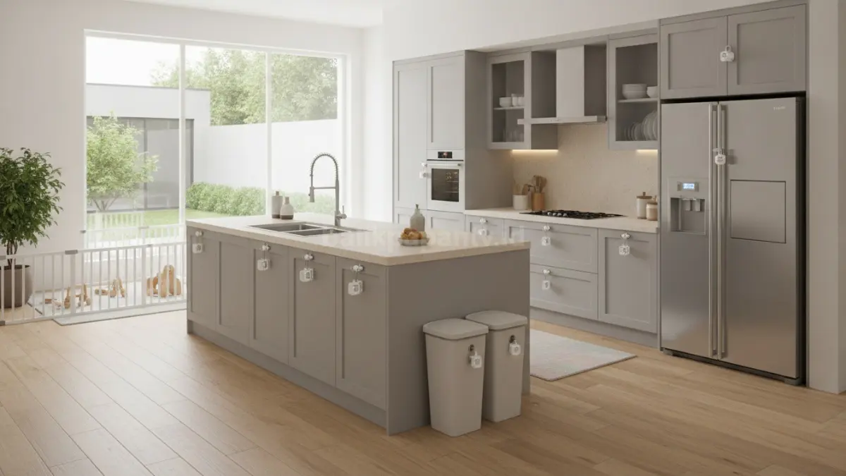 Dapur keluarga modern dengan kabinet pengaman anak dan tata letak aman untuk aktivitas sehari-hari.
