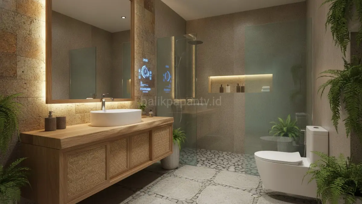 Desain kamar mandi 2026 memadukan wastafel modern, material alami, dan teknologi yang lebih efisien.(BTV/AI) 