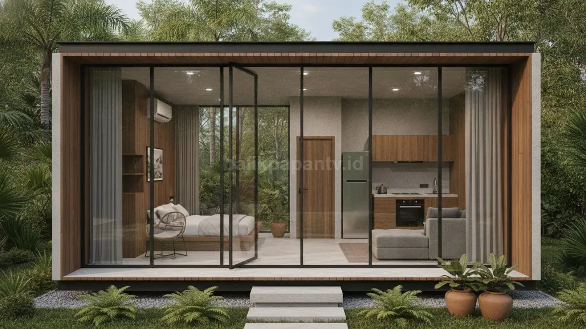 Desain studio kompak menyatukan area tidur, dapur, dan santai dalam ruang efisien modern. (BTV/Ai)
