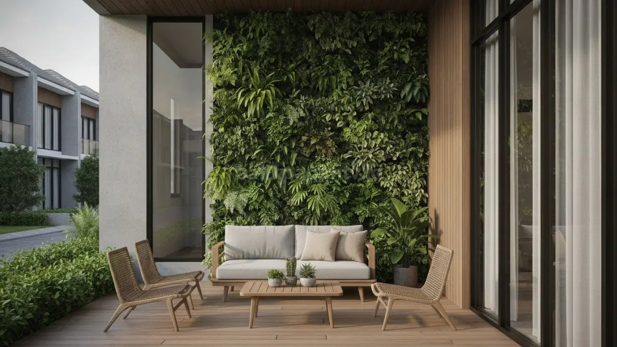 Desain teras minimalis menggunakan tanaman vertikal untuk memaksimalkan ruang depan rumah.

