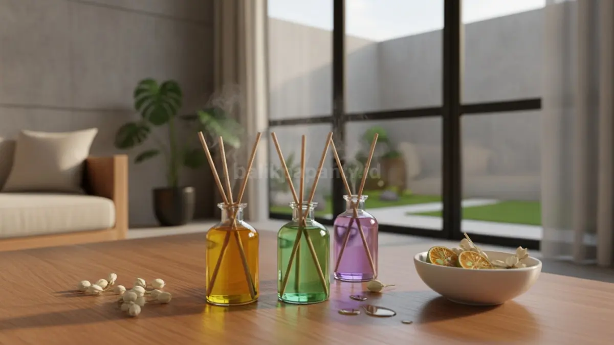 DIY aromaterapi menggunakan reed diffuser dan minyak esensial alami untuk menciptakan suasana rumah yang nyaman.
