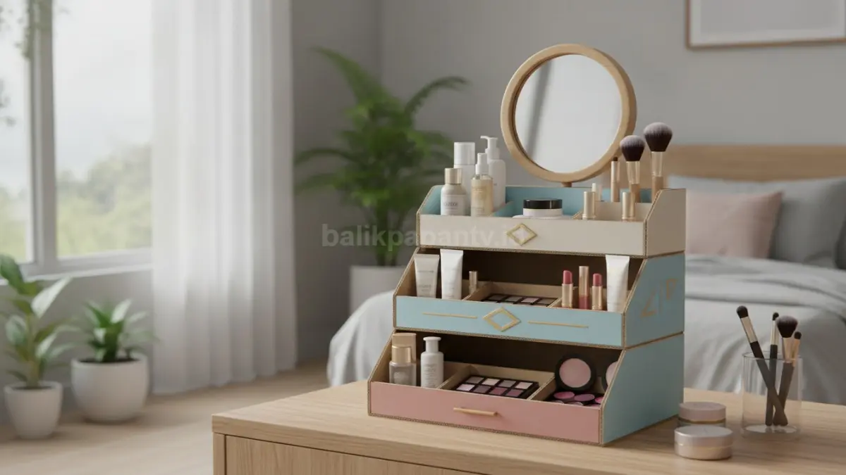 DIY tempat makeup dari kardus bekas dengan desain bertingkat untuk menyimpan skincare dan kosmetik secara rapi.
