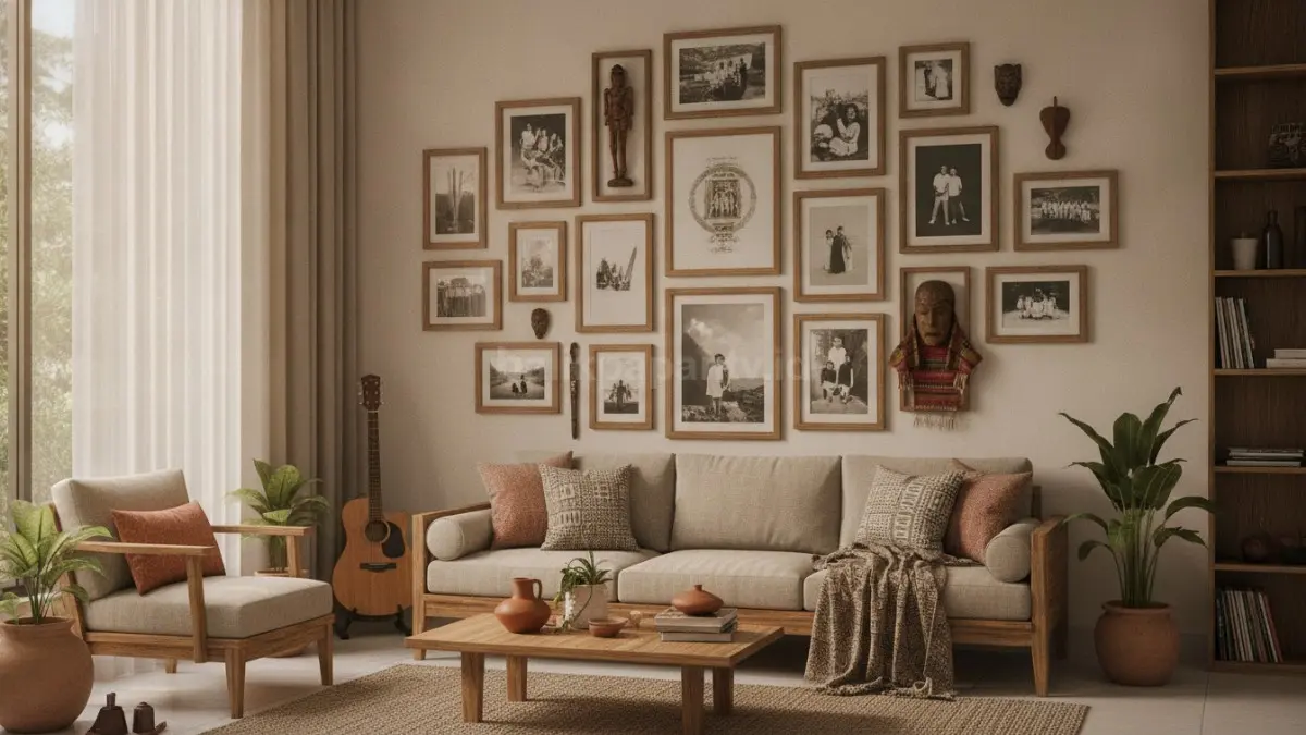 Gallery wall berisi foto, karya seni, dan koleksi pribadi menghiasi ruang keluarga modern.(BTV/Ai)