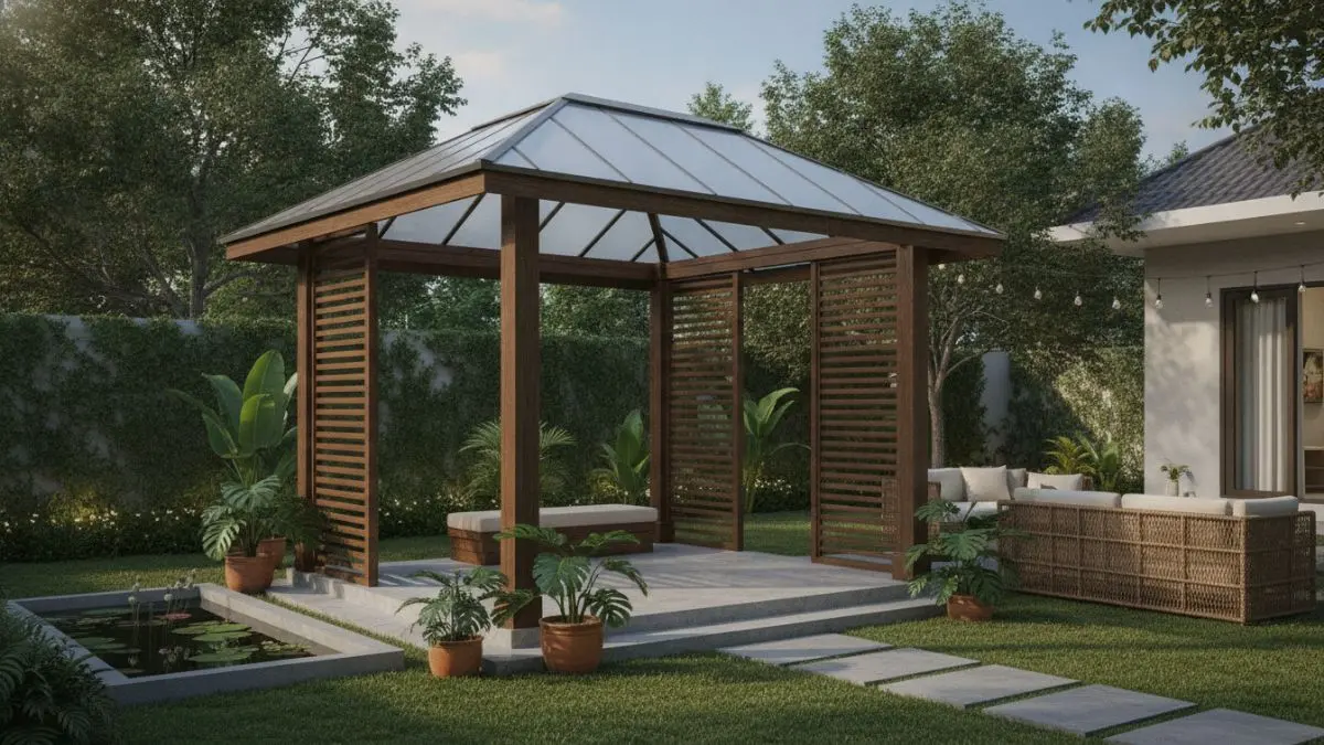 Gazebo beratap polikarbonat solid dengan ventilasi silang menghadirkan pencahayaan alami, sirkulasi udara sejuk, dan ketahanan cuaca. (BTV/AI)
