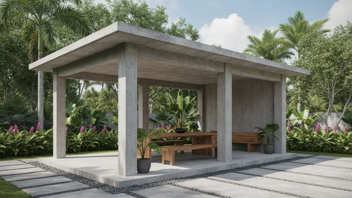 Gazebo minimalis beton ekspos menghadirkan ketahanan cuaca, tampilan modern, perawatan mudah, dan kesan kokoh elegan alami. (BTV/AI)
