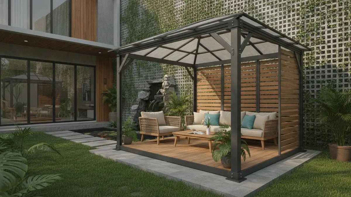Gazebo modular knock-down mudah dipasang, dipindahkan, tahan lama, praktis, dan cocok untuk hunian fleksibel modern. (BTV/AI)
