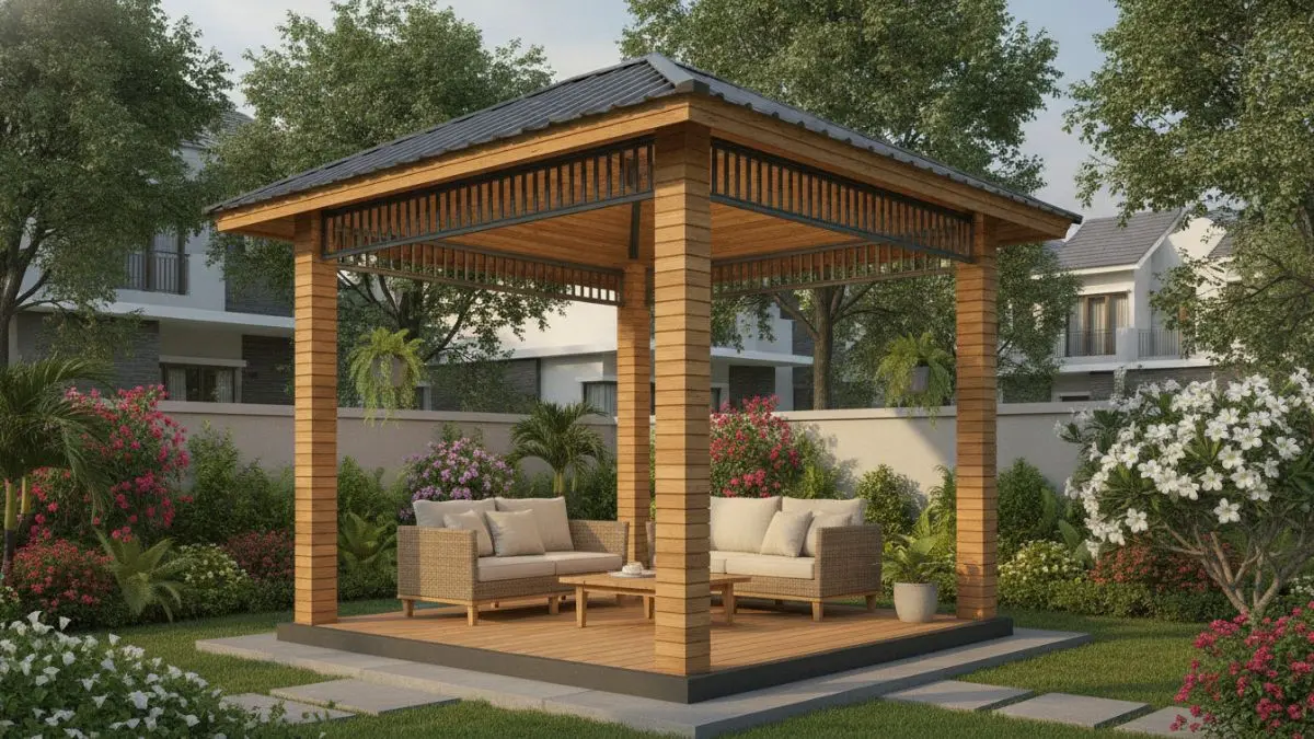 Gazebo rangka baja ringan berlapis kayu memadukan kekuatan struktur dengan kehangatan visual tahan cuaca optimal. (BTV/AI)
