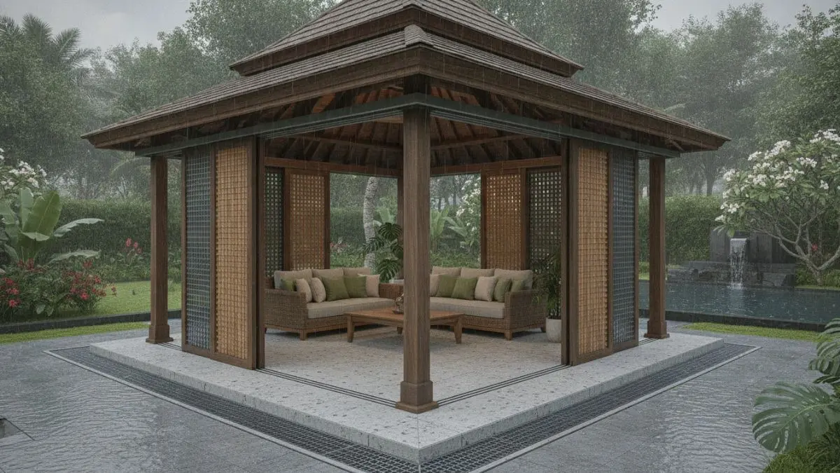 Gazebo semi-tertutup berpanel geser menawarkan fleksibilitas, perlindungan cuaca, sirkulasi udara, dan kenyamanan ruang luar optimal. (BTV/AI)
