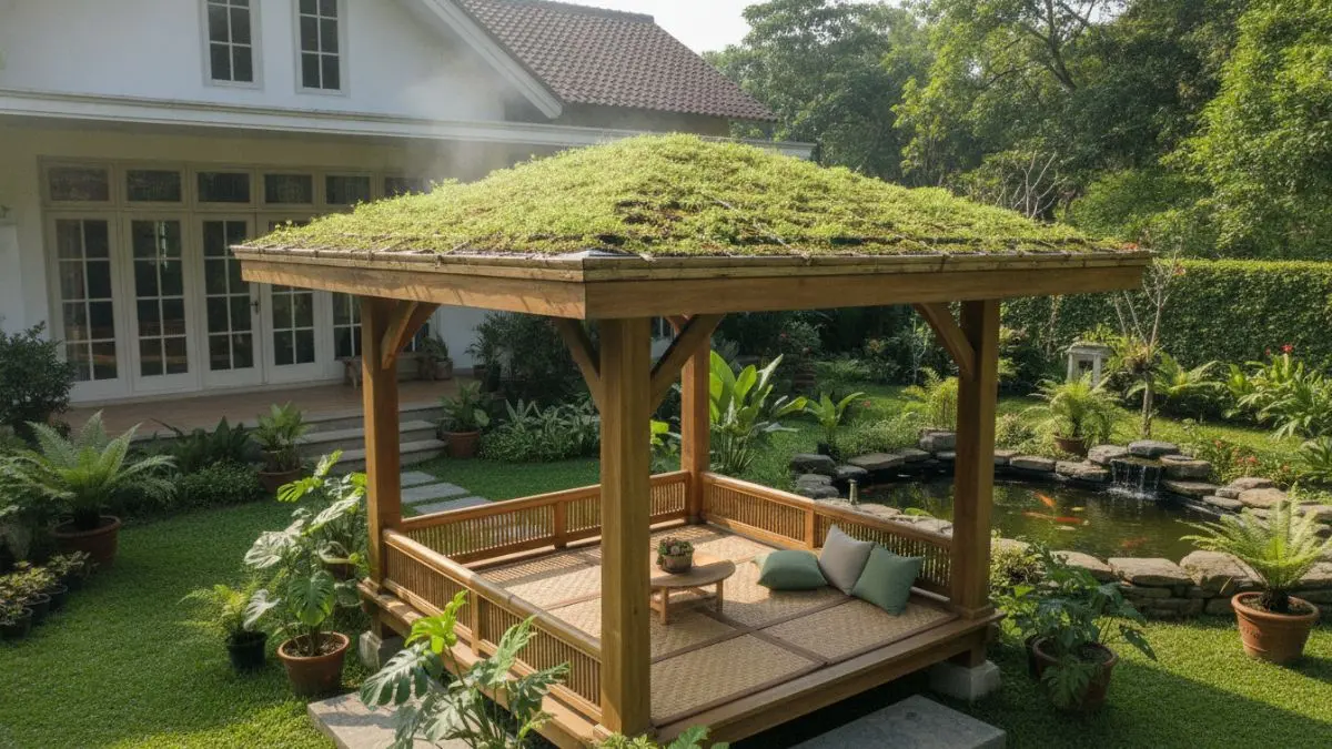 Gazebo taman beratap hijau ringan menghadirkan kesejukan alami, peredam panas, suara, serta estetika ramah lingkungan modern. (BTV/AI)
