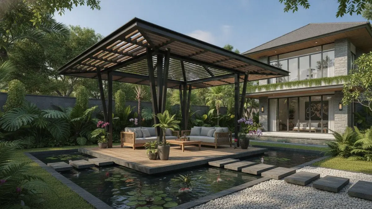Gazebo taman modern berstruktur terbuka dengan atap adaptif menyatu harmonis di halaman rumah tropis asri. (BTV/AI)
