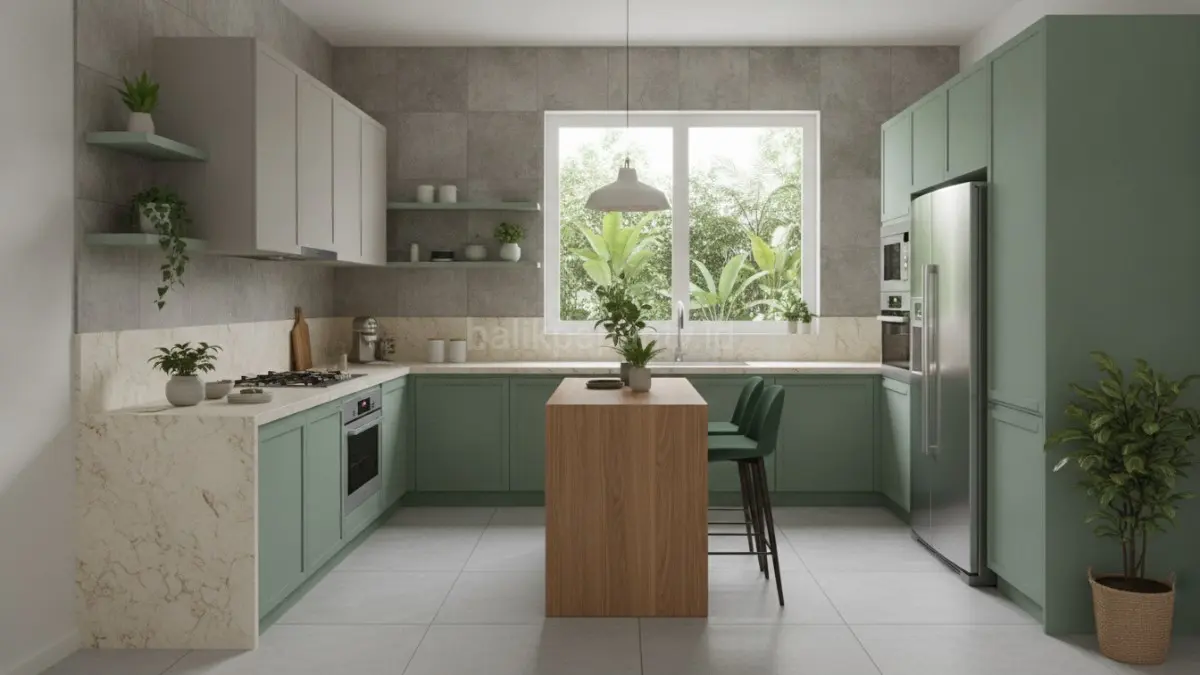 Hijau greige menghadirkan keseimbangan warna alami yang fleksibel, elegan, dan mudah dipadukan dengan berbagai material dapur.(BTV/AI) 