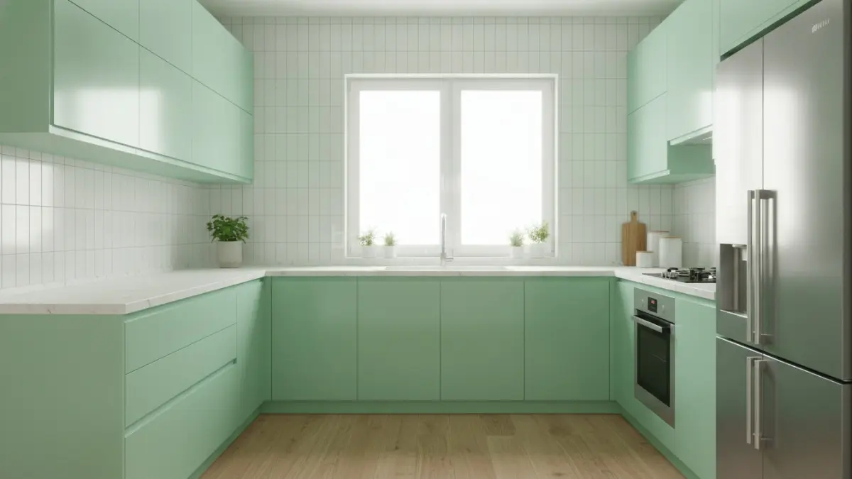 Hijau mint lembut membantu dapur kecil terasa lebih cerah, segar, dan lapang.
 (BTV/AI) 