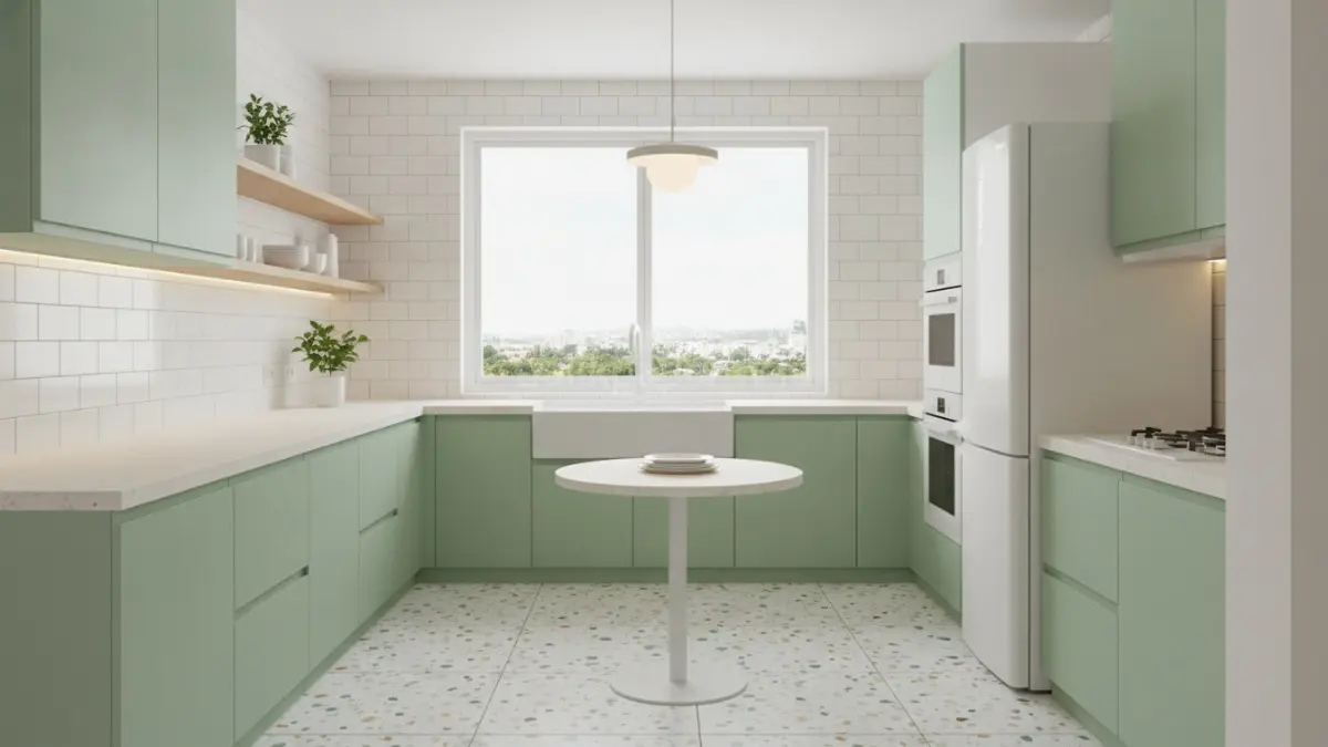 Hijau pastel dan putih hangat menciptakan dapur kecil yang terang, lembut, dan terasa lebih luas.(BTV/AI) 
