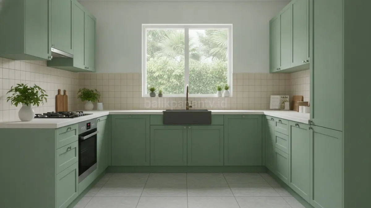 Hijau sage pada kabinet minimalis menciptakan dapur kecil yang terasa lapang dan menenangkan.(BTV/AI) 