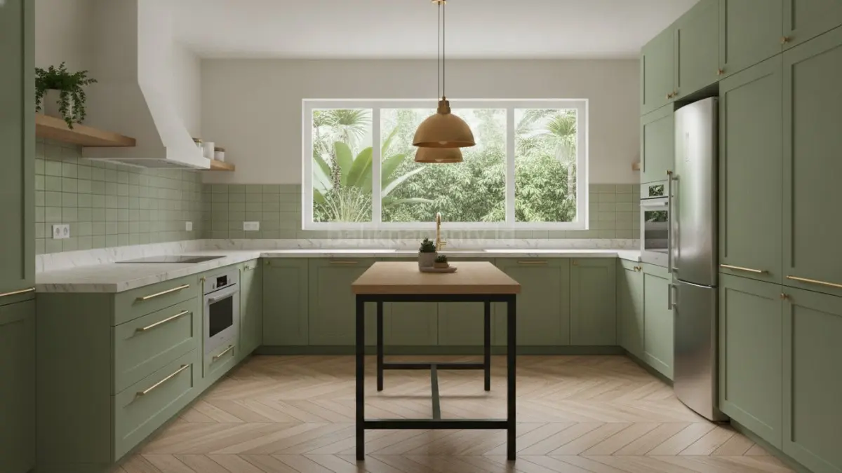 Hijau zaitun pucat menghadirkan kesan elegan, modern, dan berkarakter tanpa membuat dapur terasa gelap.(BTV/AI) 