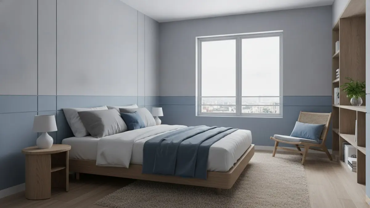 Kamar tidur abu-abu muda berlapis biru menghadirkan suasana modern, tenang, sejuk, dan mudah dipadukan berbagai dekorasi. (BTV/AI)

