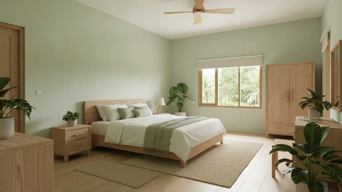 Kamar tidur bernuansa hijau sage pucat menghadirkan suasana alami, sejuk, menenangkan, dan nyaman untuk beristirahat setiap hari. (BTV/AI)
